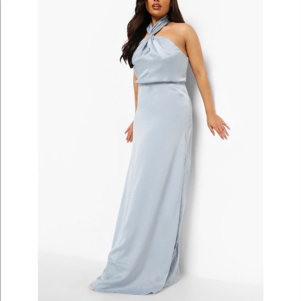 Boohoo Ice Blue Twist Front High Neck Satin Formal Dress